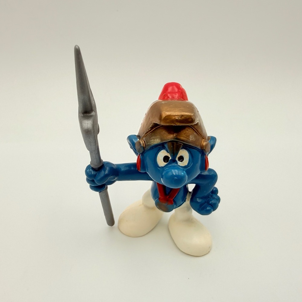 Vintage Peyo Bully Warrior Smurf Figure W Germany Halberd Helmet Red Plume
